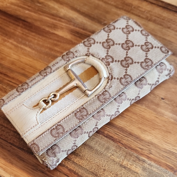 GUCCI Horsebit Sherry Line Long Wallet Bi-fold Wallet GG Canvas Leather Beige - Picture 1 of 6